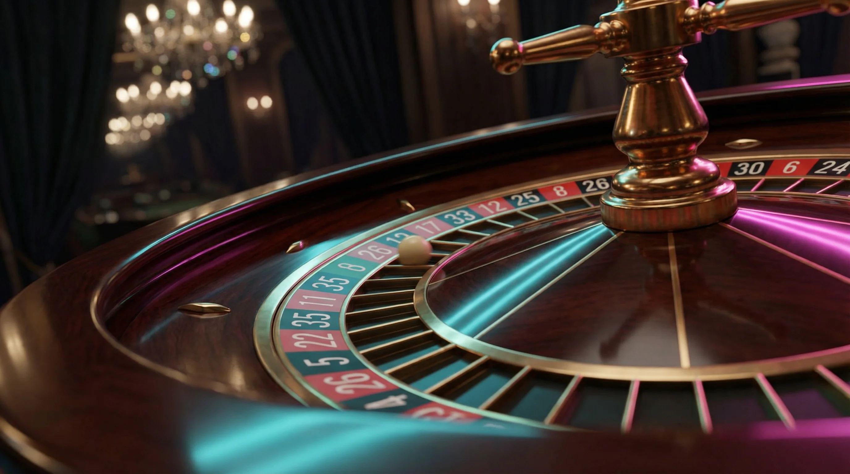 Ruleta de casino iluminada con luces neón azul brillante